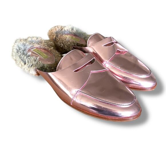 Louise et Cie Slip On Penny Loafer Shoes 8M Rabbit Fur Metallic Pink Leather - Picture 1 of 10